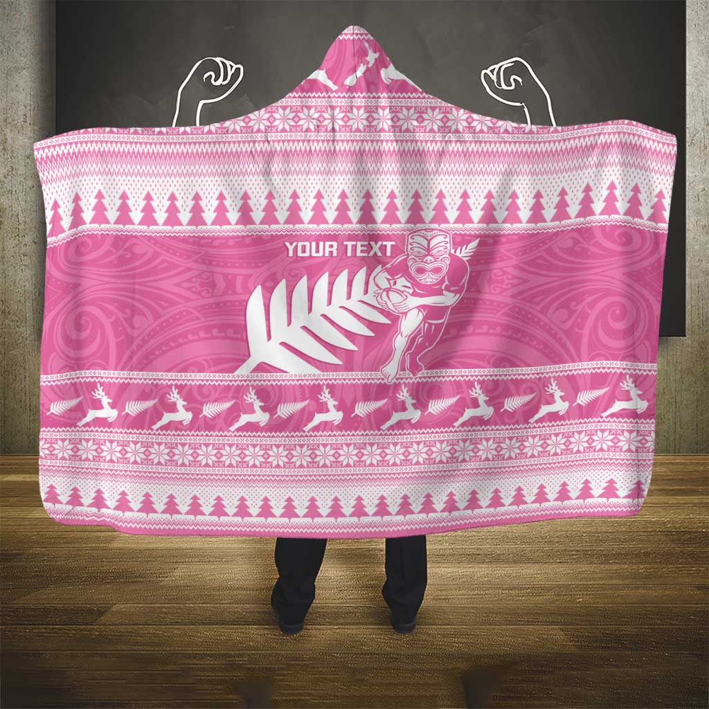 New Zealand Christmas Rugby Personalised Hooded Blanket Meri Kirihimete All Black Maori Pink Version - Polynesian Pride