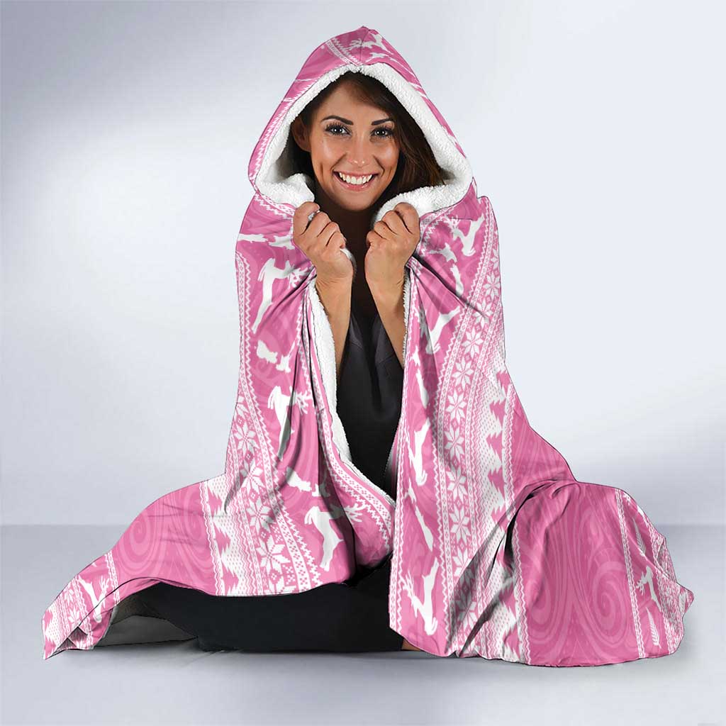 New Zealand Christmas Rugby Personalised Hooded Blanket Meri Kirihimete All Black Maori Pink Version - Polynesian Pride