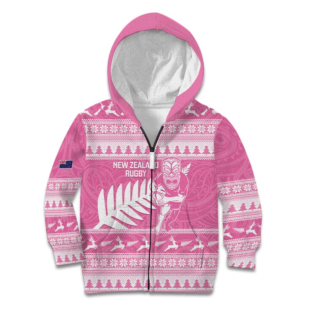 New Zealand Christmas Rugby Personalised Kid Hoodie Meri Kirihimete All Black Maori Pink Version - Polynesian Pride
