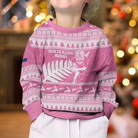 New Zealand Christmas Rugby Personalised Kid Ugly Christmas Sweater Meri Kirihimete All Black Maori Pink Version - Polynesian Pride