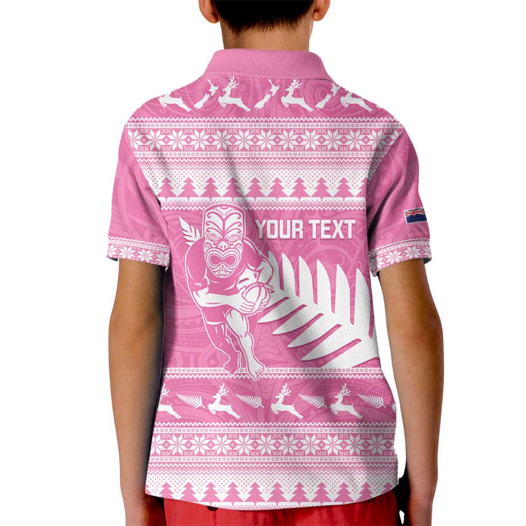 New Zealand Christmas Rugby Personalised Kid Polo Shirt Meri Kirihimete All Black Maori Pink Version - Polynesian Pride