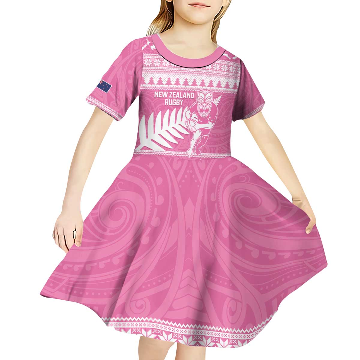 New Zealand Christmas Rugby Personalised Kid Short Sleeve Dress Meri Kirihimete All Black Maori Pink Version - Polynesian Pride