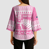 New Zealand Christmas Rugby Personalised Kimono Sleeve Blouse Meri Kirihimete All Black Maori Pink Version - Polynesian Pride