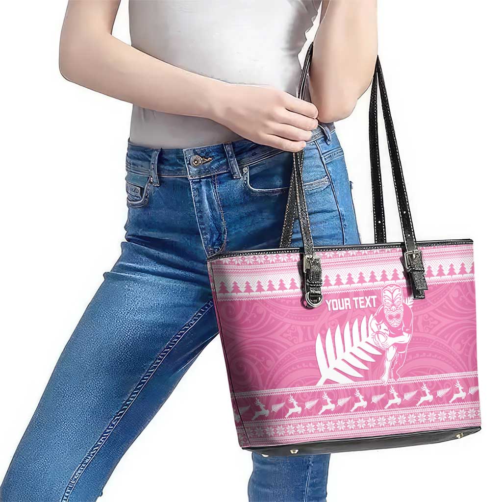 New Zealand Christmas Rugby Personalised Leather Tote Bag Meri Kirihimete All Black Maori Pink Version - Polynesian Pride