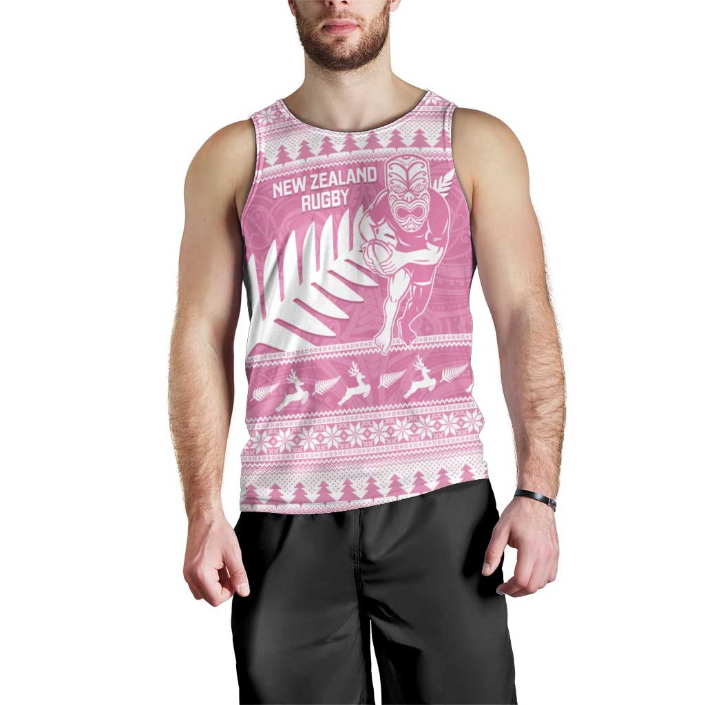 New Zealand Christmas Rugby Personalised Men Tank Top Meri Kirihimete All Black Maori Pink Version - Polynesian Pride