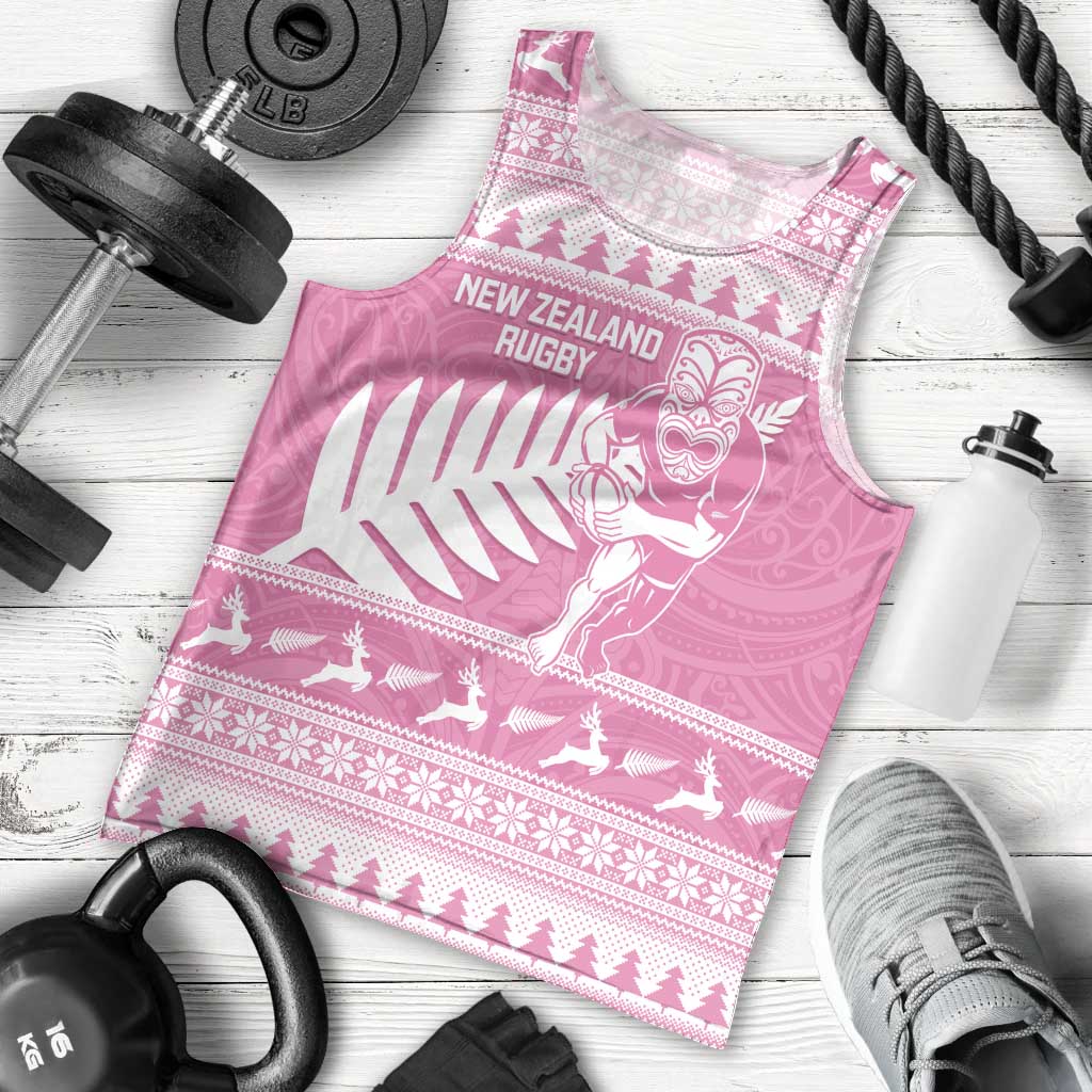New Zealand Christmas Rugby Personalised Men Tank Top Meri Kirihimete All Black Maori Pink Version - Polynesian Pride