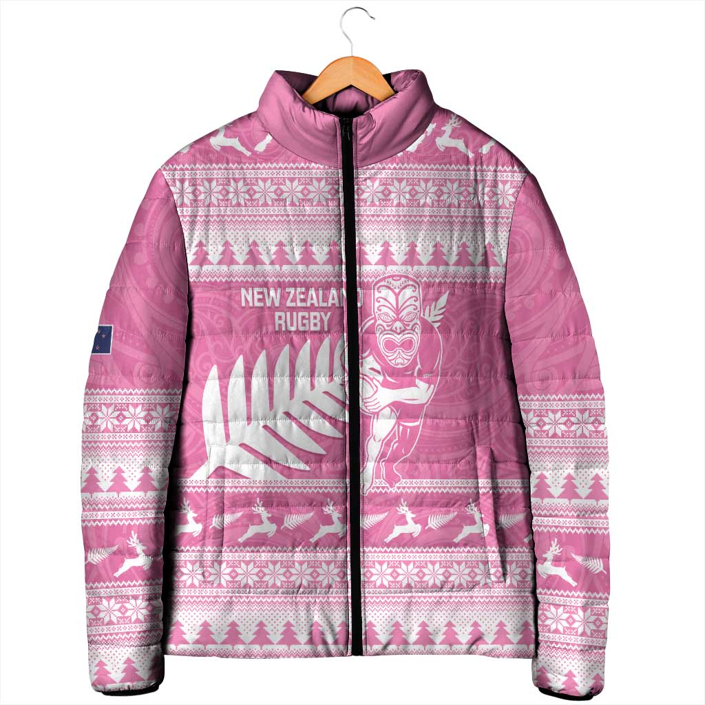New Zealand Christmas Rugby Personalised Padded Jacket Meri Kirihimete All Black Maori Pink Version - Polynesian Pride