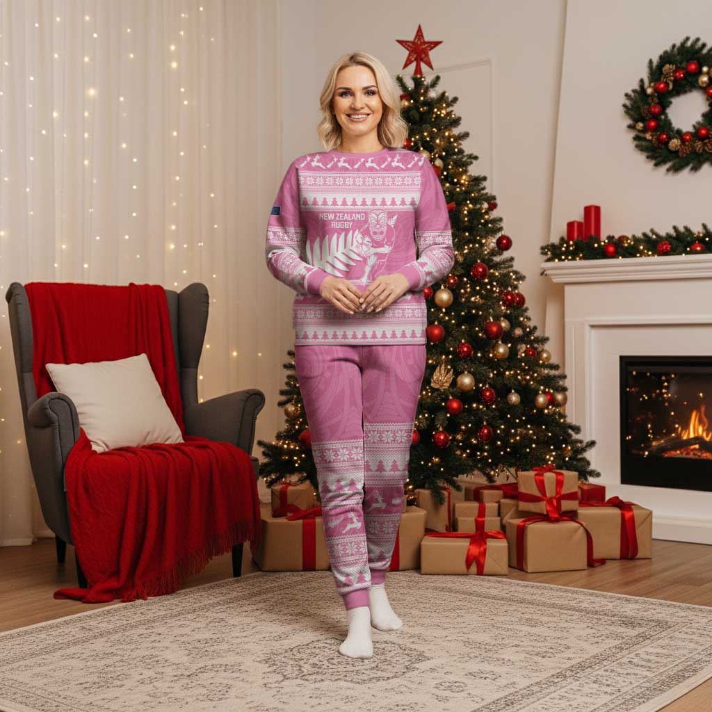 New Zealand Christmas Rugby Personalised Christmas Pajama Set Meri Kirihimete All Black Maori Pink Version - Polynesian Pride