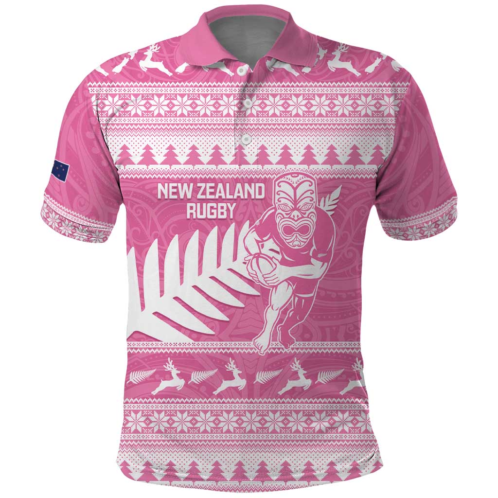 New Zealand Christmas Rugby Personalised Polo Shirt Meri Kirihimete All Black Maori Pink Version - Polynesian Pride