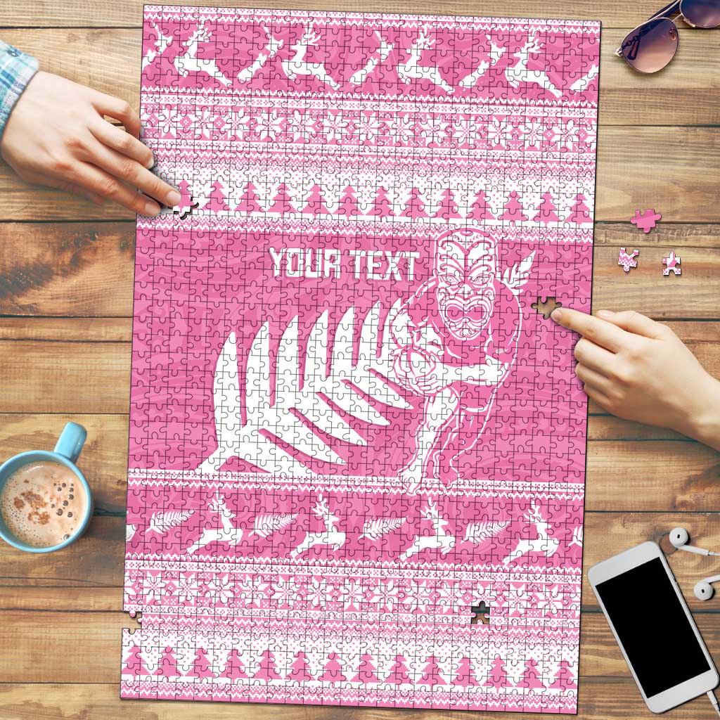 New Zealand Christmas Rugby Personalised Puzzle Meri Kirihimete All Black Maori Pink Version - Polynesian Pride