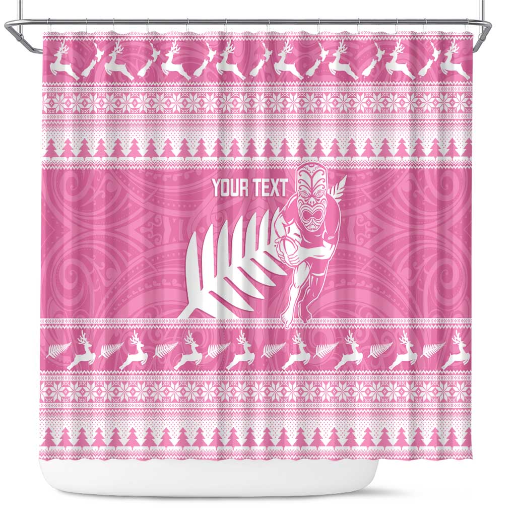 New Zealand Christmas Rugby Personalised Shower Curtain Meri Kirihimete All Black Maori Pink Version - Polynesian Pride
