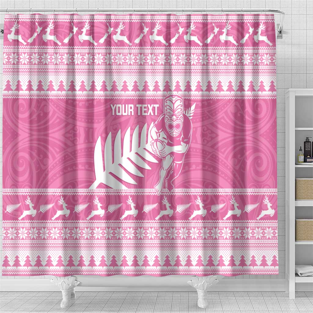 New Zealand Christmas Rugby Personalised Shower Curtain Meri Kirihimete All Black Maori Pink Version - Polynesian Pride