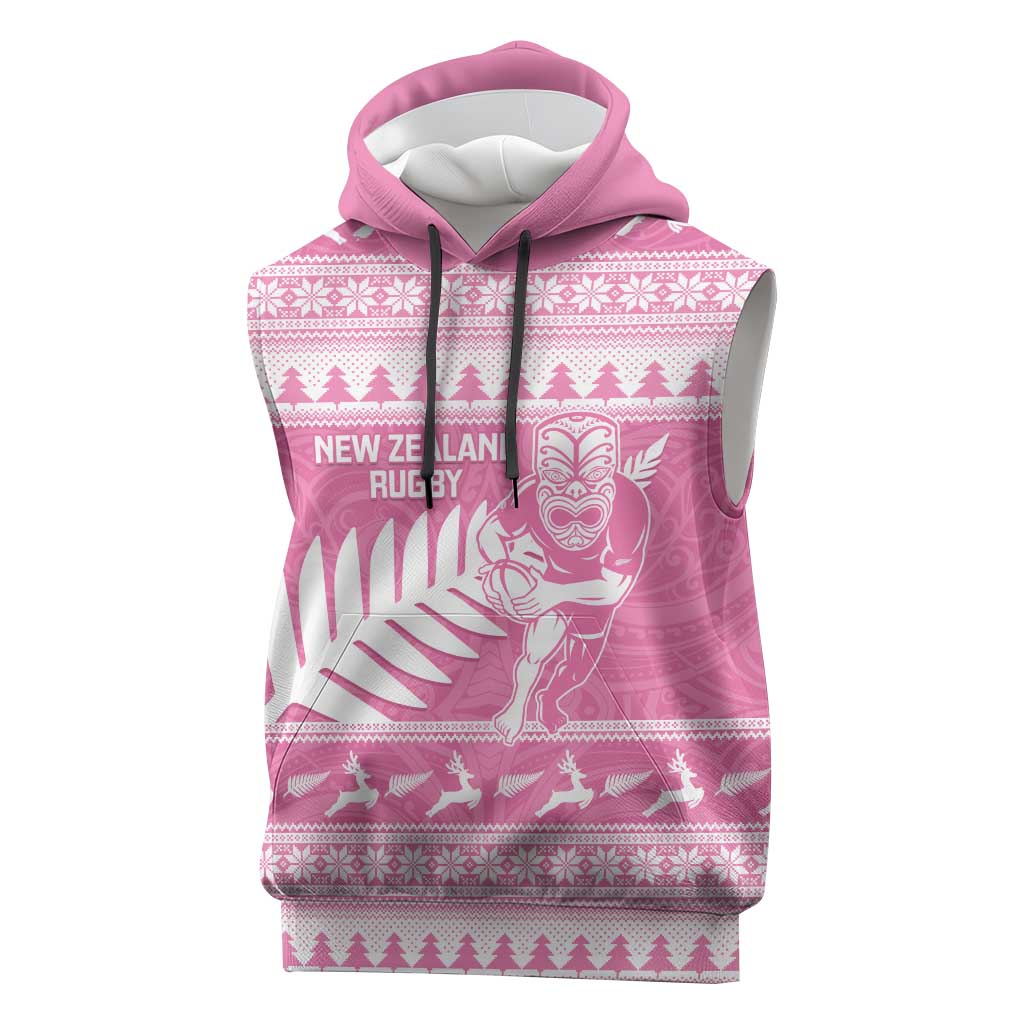 New Zealand Christmas Rugby Personalised Sleeveless Hoodie Meri Kirihimete All Black Maori Pink Version - Polynesian Pride