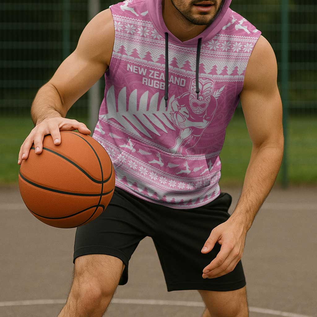 New Zealand Christmas Rugby Personalised Sleeveless Hoodie Meri Kirihimete All Black Maori Pink Version - Polynesian Pride