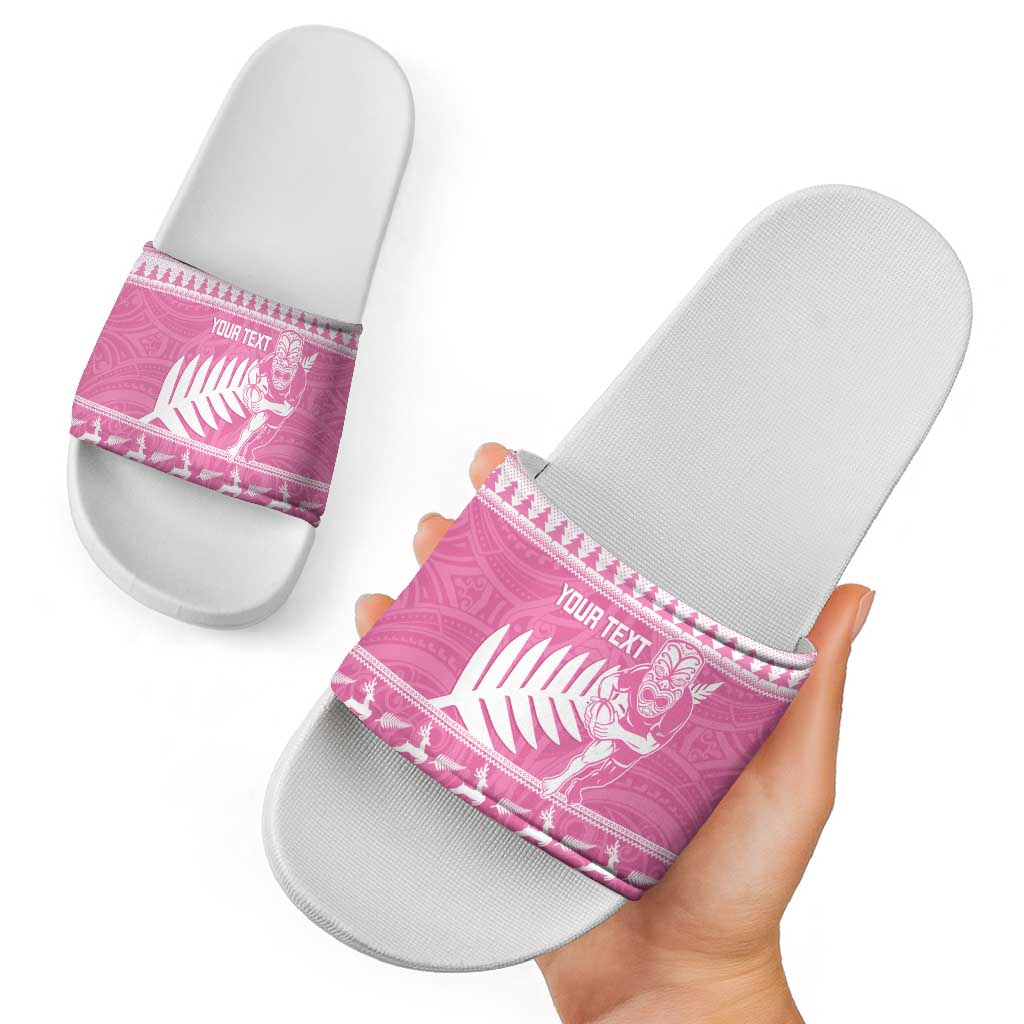 New Zealand Christmas Rugby Personalised Slide Sandals Meri Kirihimete All Black Maori Pink Version - Polynesian Pride