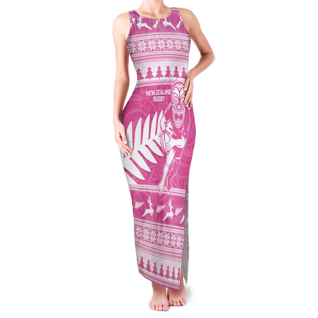 New Zealand Christmas Rugby Personalised Tank Maxi Dress Meri Kirihimete All Black Maori Pink Version - Polynesian Pride