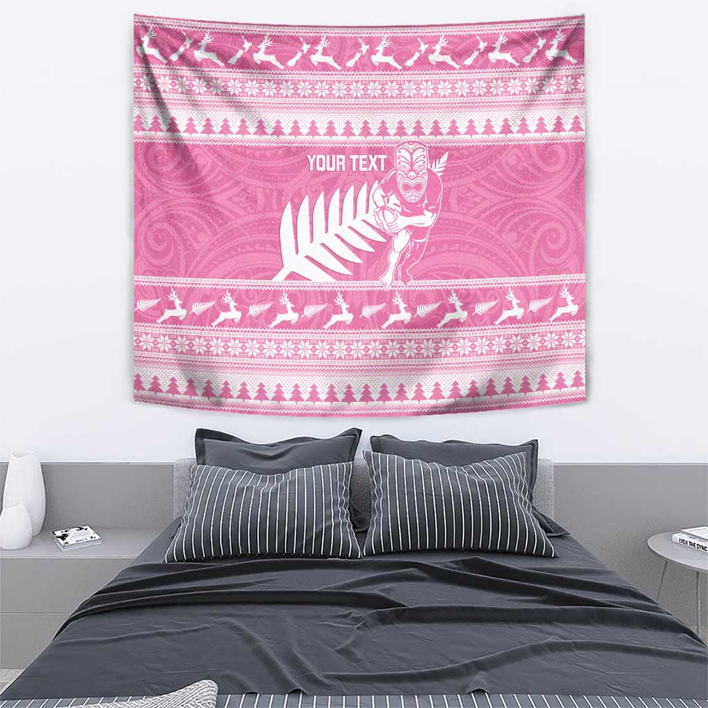 New Zealand Christmas Rugby Personalised Tapestry Meri Kirihimete All Black Maori Pink Version - Polynesian Pride