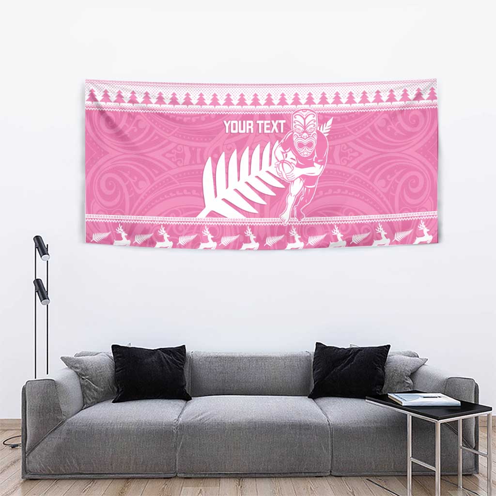 New Zealand Christmas Rugby Personalised Tapestry Meri Kirihimete All Black Maori Pink Version - Polynesian Pride