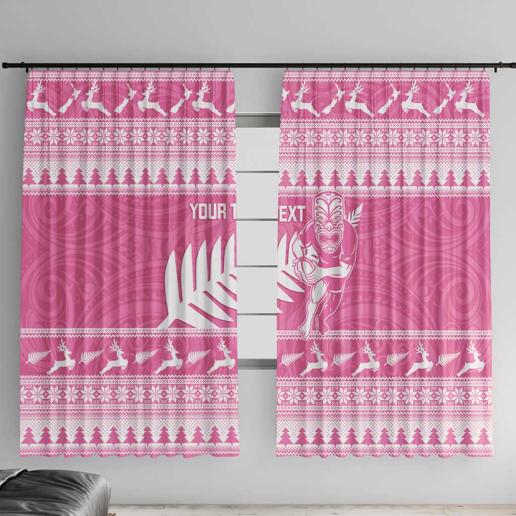 New Zealand Christmas Rugby Personalised Window Curtain Meri Kirihimete All Black Maori Pink Version - Polynesian Pride