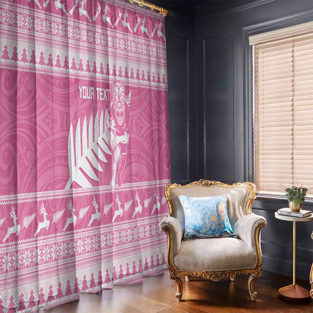 New Zealand Christmas Rugby Personalised Window Curtain Meri Kirihimete All Black Maori Pink Version - Polynesian Pride