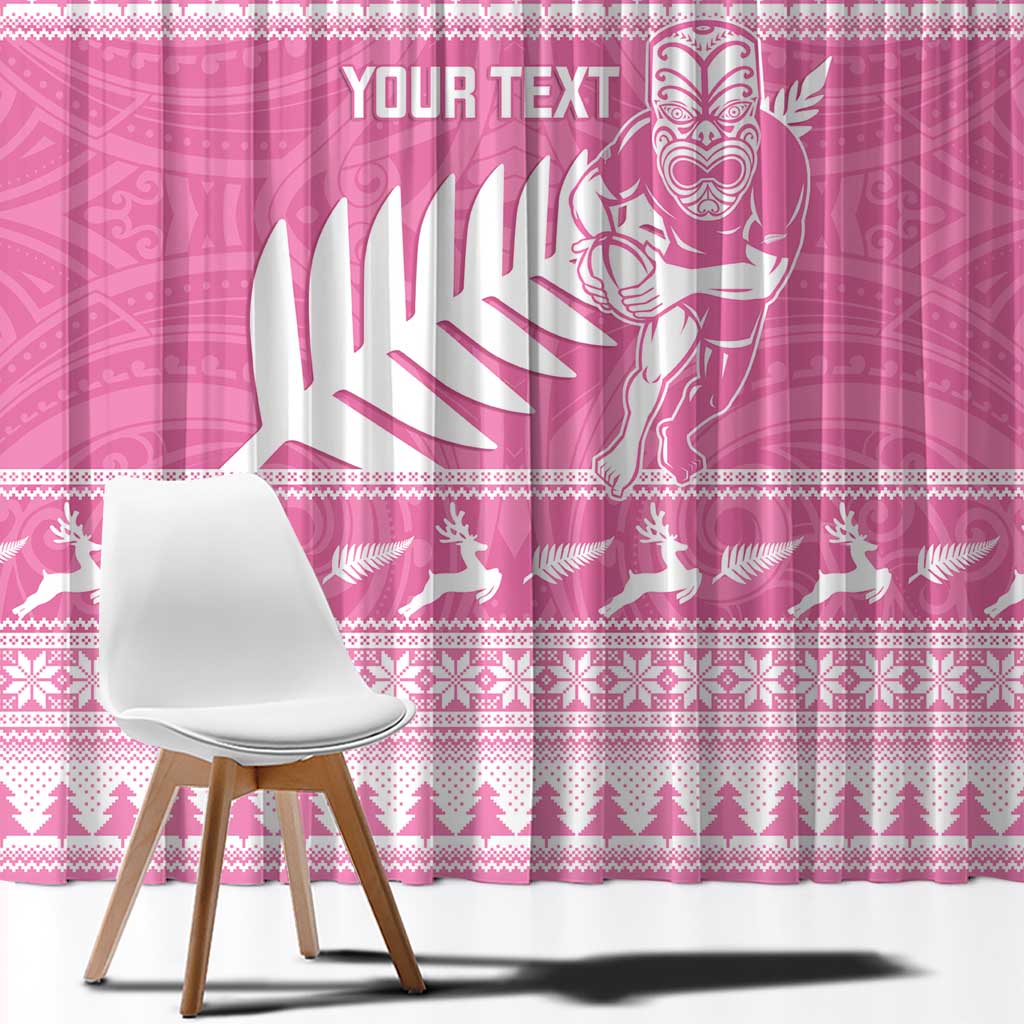 New Zealand Christmas Rugby Personalised Window Curtain Meri Kirihimete All Black Maori Pink Version - Polynesian Pride
