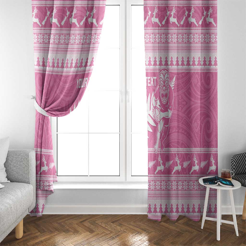 New Zealand Christmas Rugby Personalised Window Curtain Meri Kirihimete All Black Maori Pink Version - Polynesian Pride