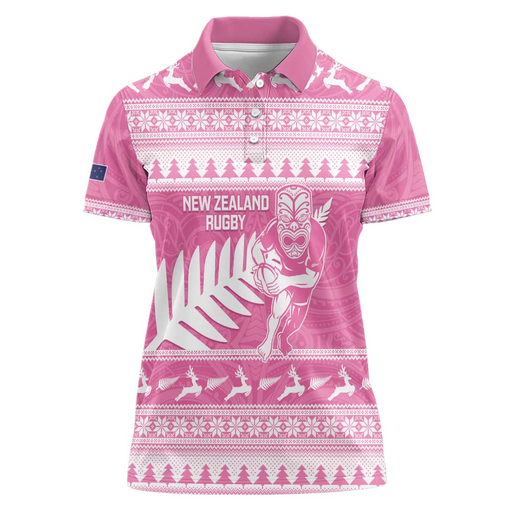New Zealand Christmas Rugby Personalised Women Polo Shirt Meri Kirihimete All Black Maori Pink Version - Polynesian Pride