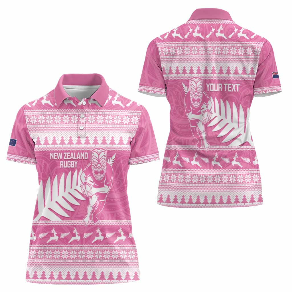 New Zealand Christmas Rugby Personalised Women Polo Shirt Meri Kirihimete All Black Maori Pink Version - Polynesian Pride