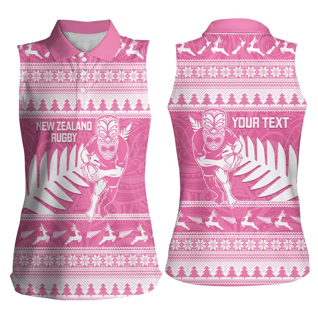 New Zealand Christmas Rugby Personalised Women Sleeveless Polo Shirt Meri Kirihimete All Black Maori Pink Version - Polynesian Pride