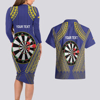 Personalised Niue Darts Couples Matching Long Sleeve Bodycon Dress and Hawaiian Shirt Dart Board Hiapo Pattern - Polynesian Pride