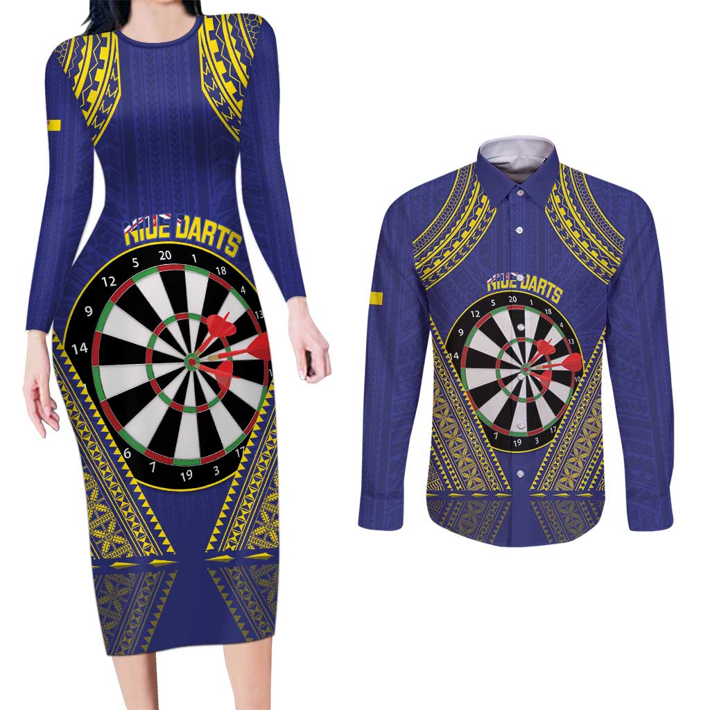 Personalised Niue Darts Couples Matching Long Sleeve Bodycon Dress and Long Sleeve Button Shirt Dart Board Hiapo Pattern - Polynesian Pride