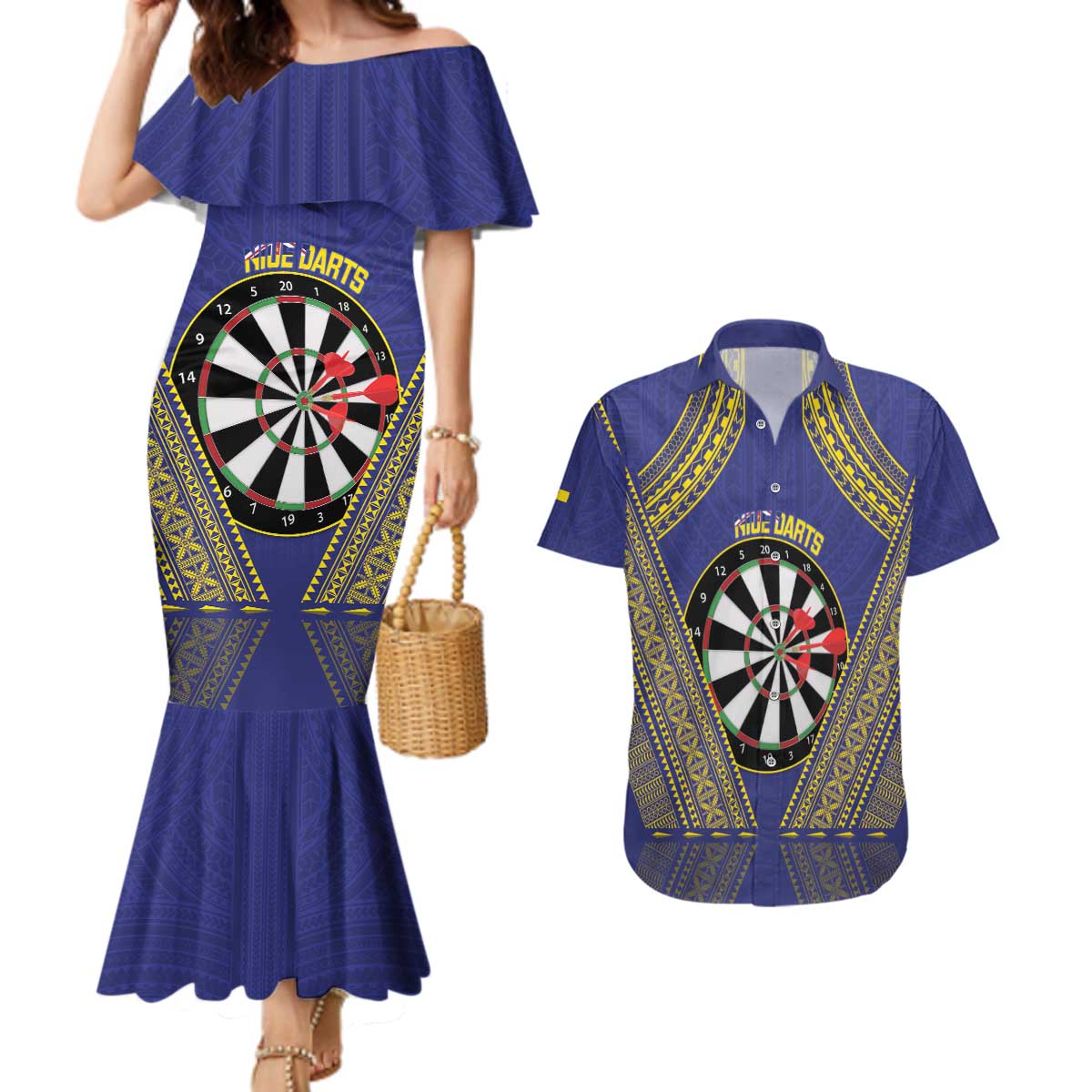 Personalised Niue Darts Couples Matching Mermaid Dress and Hawaiian Shirt Dart Board Hiapo Pattern - Polynesian Pride