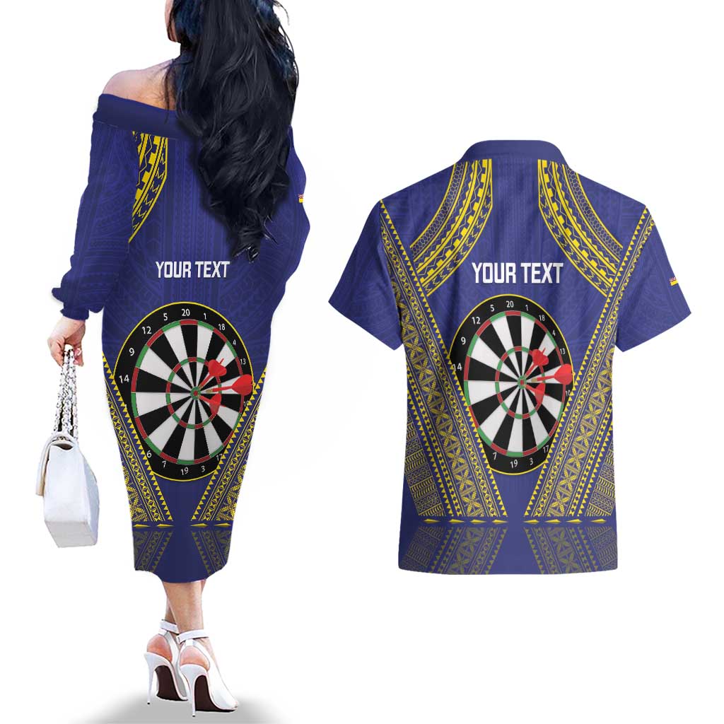 Personalised Niue Darts Couples Matching Off The Shoulder Long Sleeve Dress and Hawaiian Shirt Dart Board Hiapo Pattern - Polynesian Pride