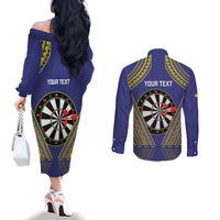 Personalised Niue Darts Couples Matching Off The Shoulder Long Sleeve Dress and Long Sleeve Button Shirt Dart Board Hiapo Pattern - Polynesian Pride
