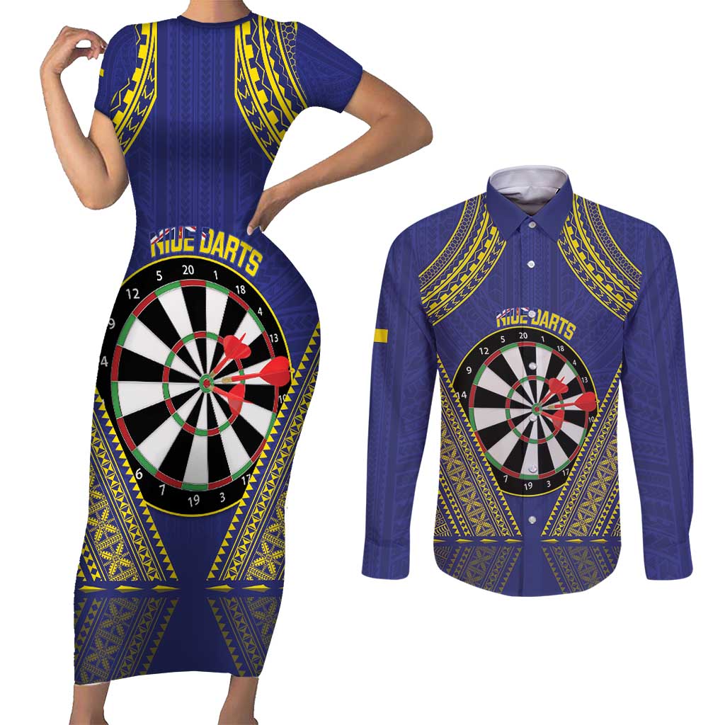 Personalised Niue Darts Couples Matching Short Sleeve Bodycon Dress and Long Sleeve Button Shirt Dart Board Hiapo Pattern - Polynesian Pride