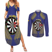 Personalised Niue Darts Couples Matching Summer Maxi Dress and Long Sleeve Button Shirt Dart Board Hiapo Pattern - Polynesian Pride