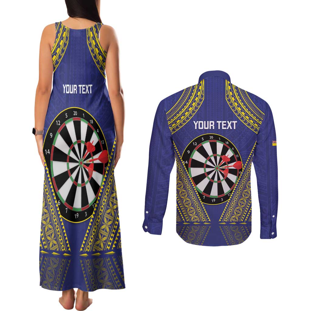 Personalised Niue Darts Couples Matching Tank Maxi Dress and Long Sleeve Button Shirt Dart Board Hiapo Pattern - Polynesian Pride