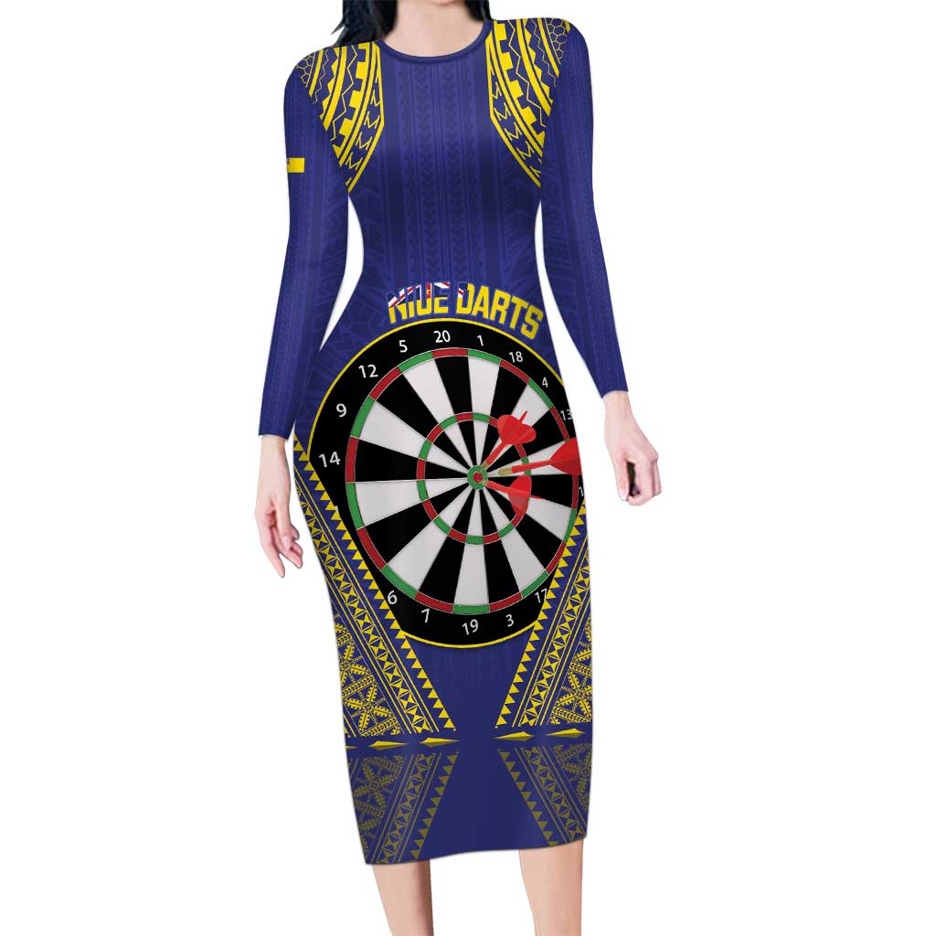 Personalised Niue Darts Family Matching Long Sleeve Bodycon Dress and Hawaiian Shirt Dart Board Hiapo Pattern - Polynesian Pride