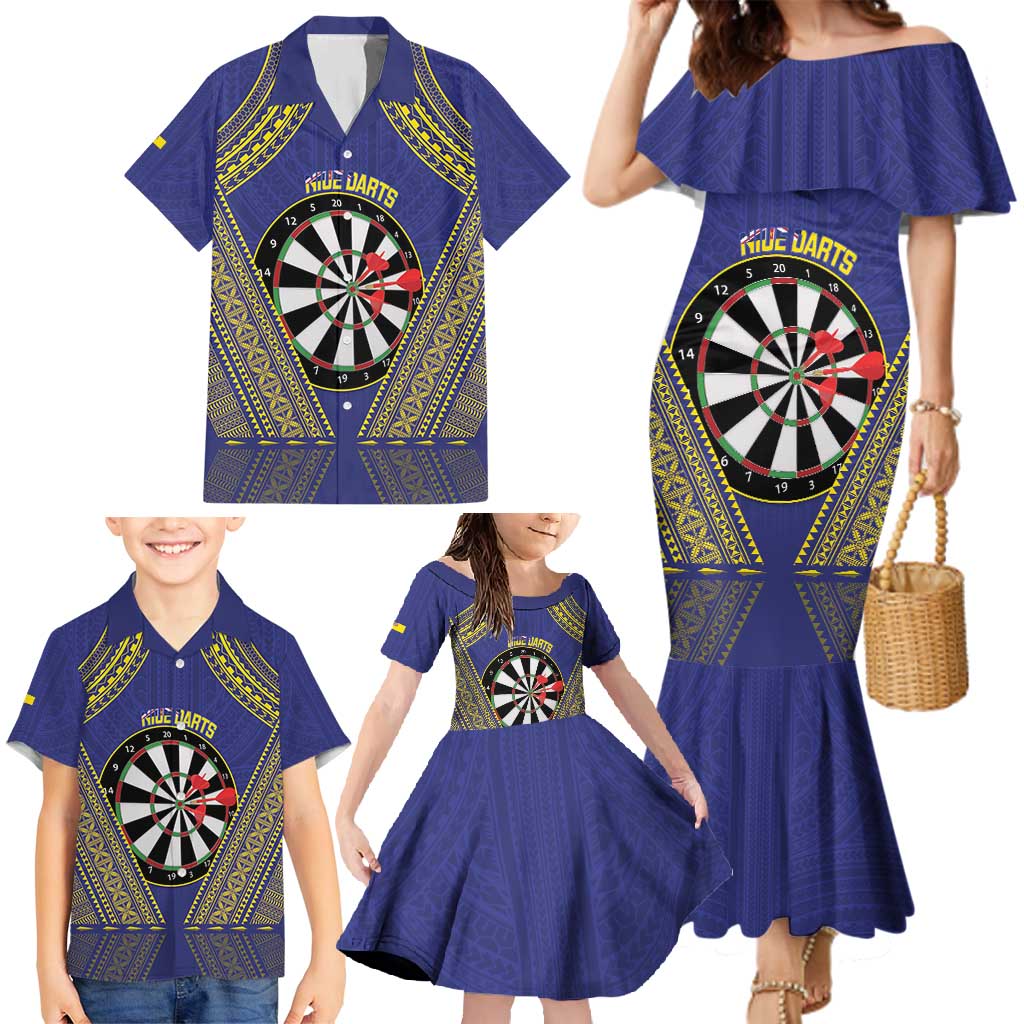Personalised Niue Darts Family Matching Mermaid Dress and Hawaiian Shirt Dart Board Hiapo Pattern - Polynesian Pride