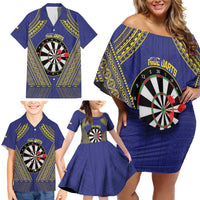 Personalised Niue Darts Family Matching Off Shoulder Short Dress and Hawaiian Shirt Dart Board Hiapo Pattern - Polynesian Pride