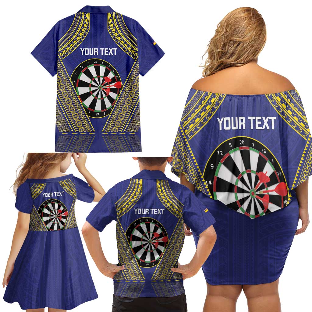 Personalised Niue Darts Family Matching Off Shoulder Short Dress and Hawaiian Shirt Dart Board Hiapo Pattern - Polynesian Pride