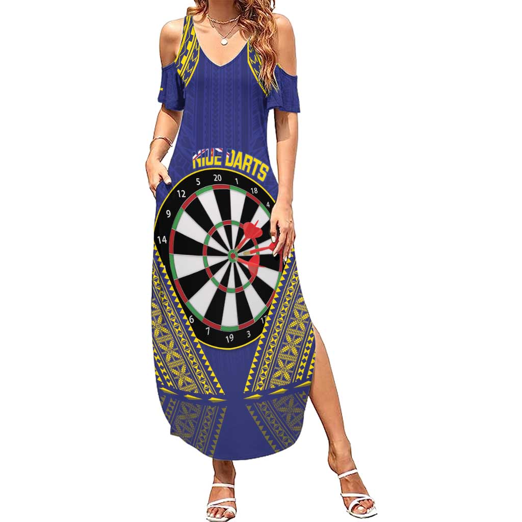 Personalised Niue Darts Family Matching Summer Maxi Dress and Hawaiian Shirt Dart Board Hiapo Pattern - Polynesian Pride