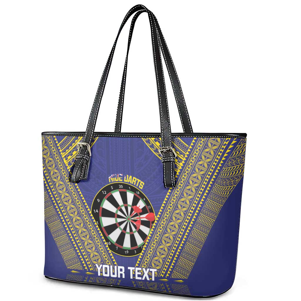 Personalised Niue Darts Leather Tote Bag Dart Board Hiapo Pattern - Polynesian Pride