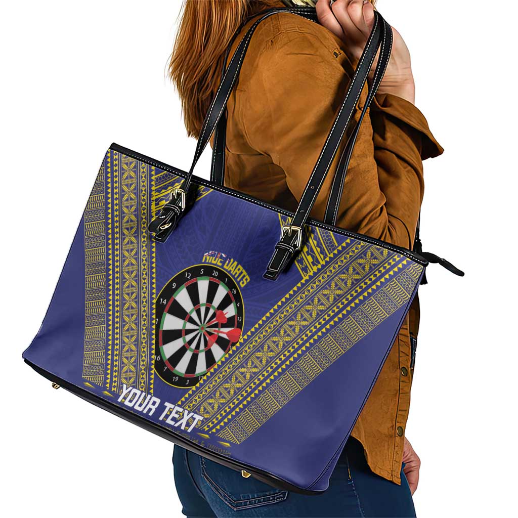 Personalised Niue Darts Leather Tote Bag Dart Board Hiapo Pattern - Polynesian Pride