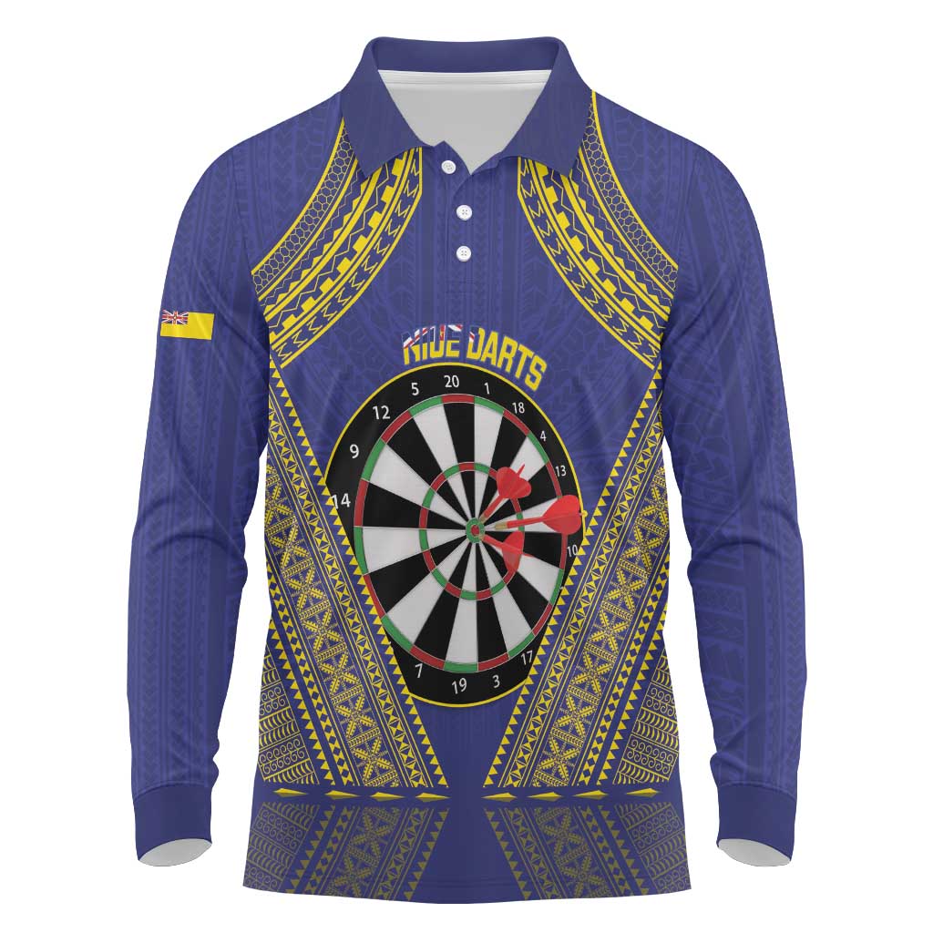 Personalised Niue Darts Long Sleeve Polo Shirt Dart Board Hiapo Pattern - Polynesian Pride