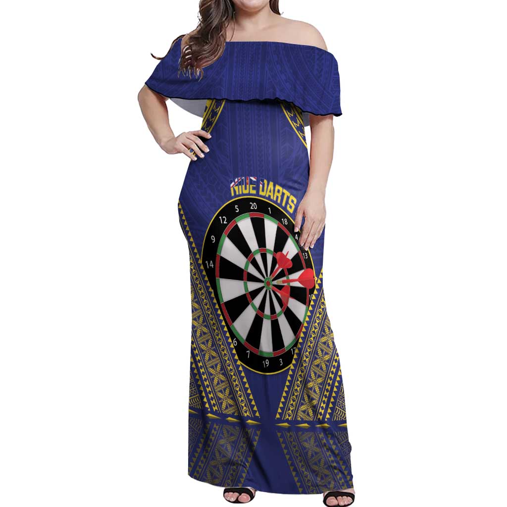 Personalised Niue Darts Off Shoulder Maxi Dress Dart Board Hiapo Pattern - Polynesian Pride