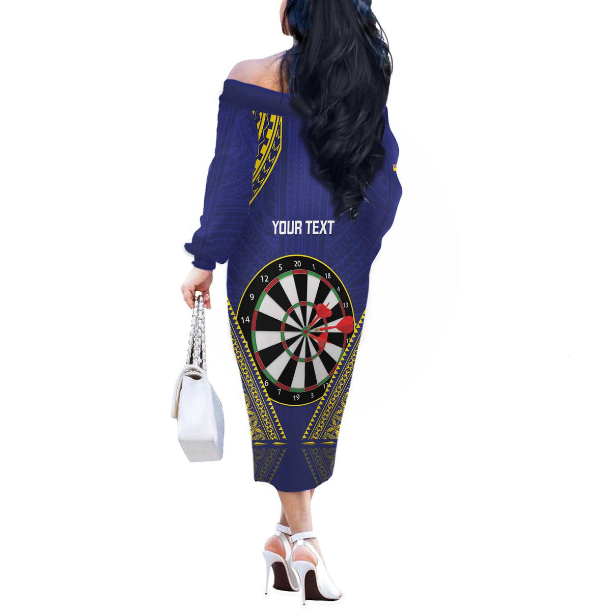 Personalised Niue Darts Off The Shoulder Long Sleeve Dress Dart Board Hiapo Pattern - Polynesian Pride