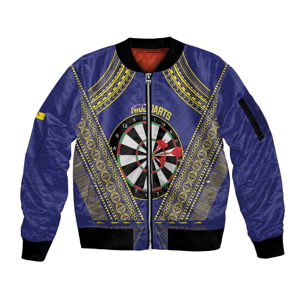 Personalised Niue Darts Sleeve Zip Bomber Jacket Dart Board Hiapo Pattern - Polynesian Pride