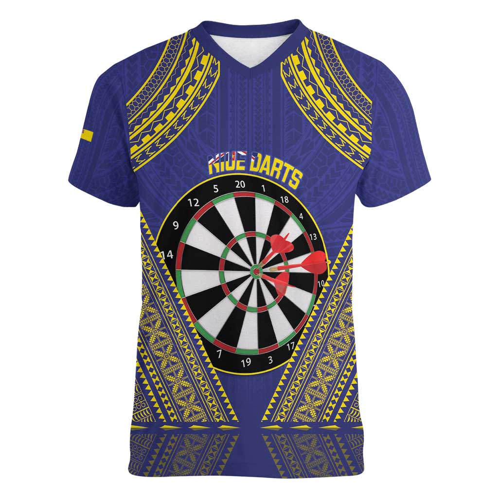 Personalised Niue Darts Women V-Neck T-Shirt Dart Board Hiapo Pattern - Polynesian Pride
