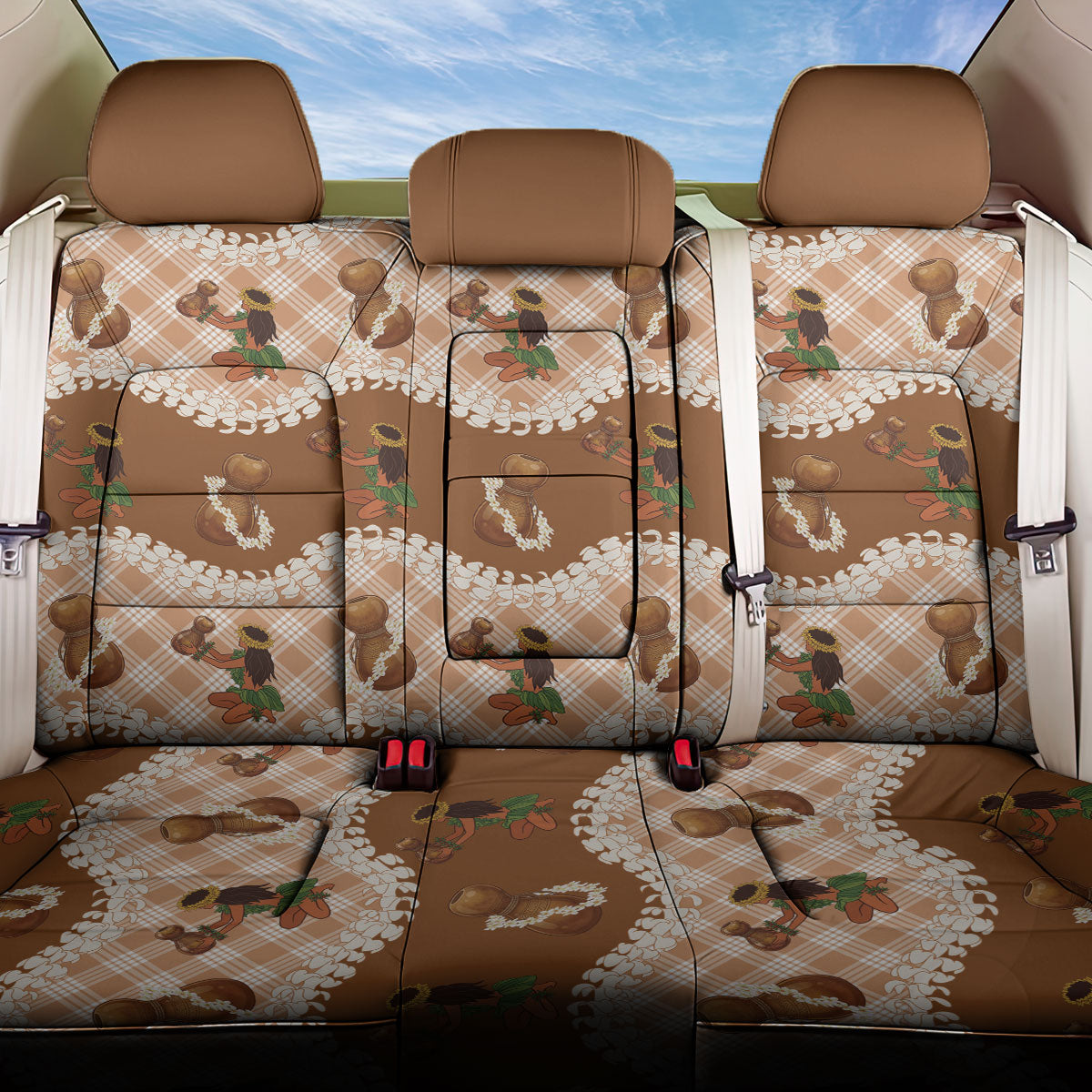 Ipu Heke Hawaii Makahiki Back Car Seat Cover Hawaiian Puakenikeni Lei Hula Girl Palaka Motifs LT14 One Size Brown - Polynesian Pride